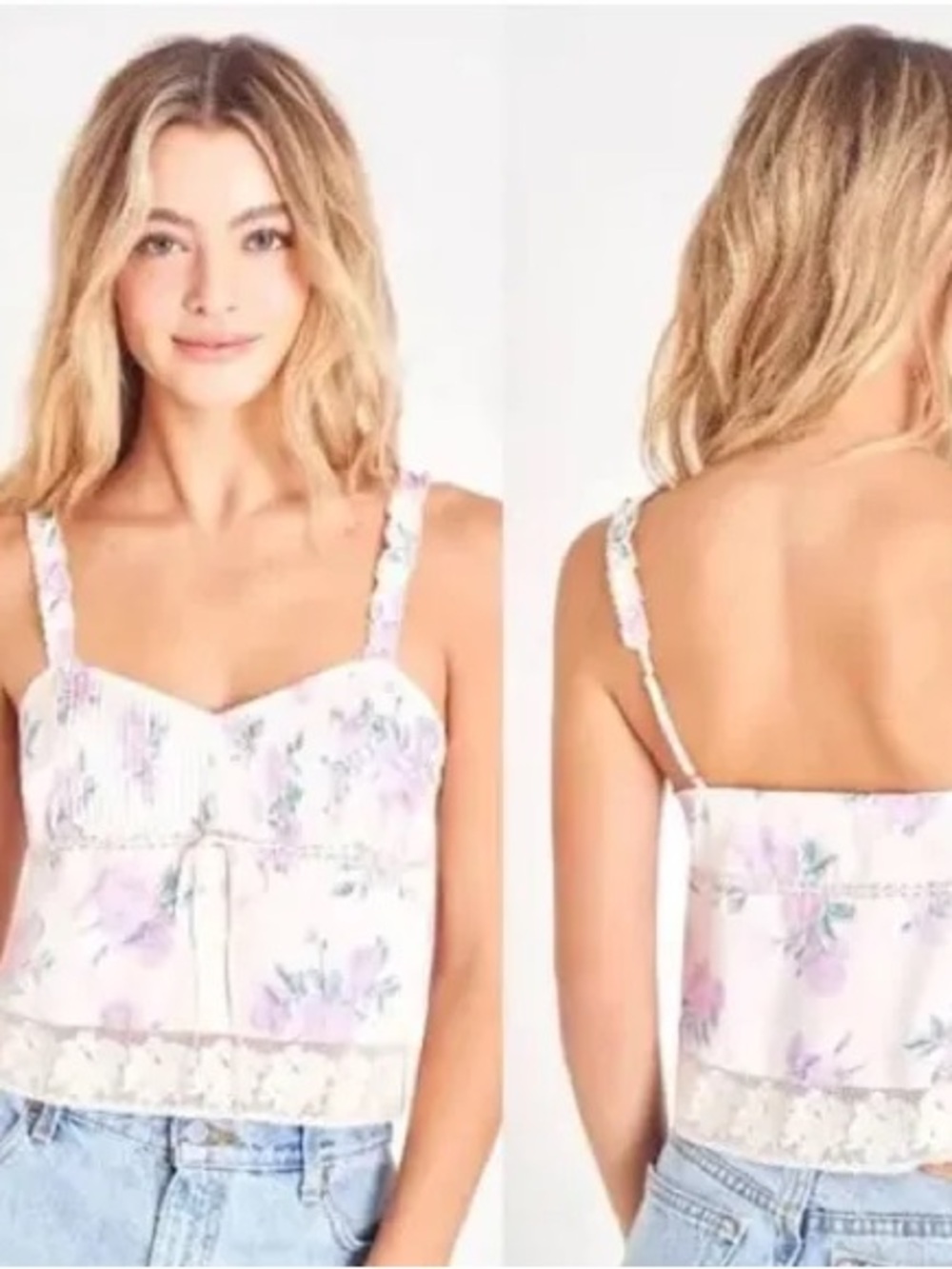 LoveShackFancy Cream and Lavender Floral Lace-Trim Cami